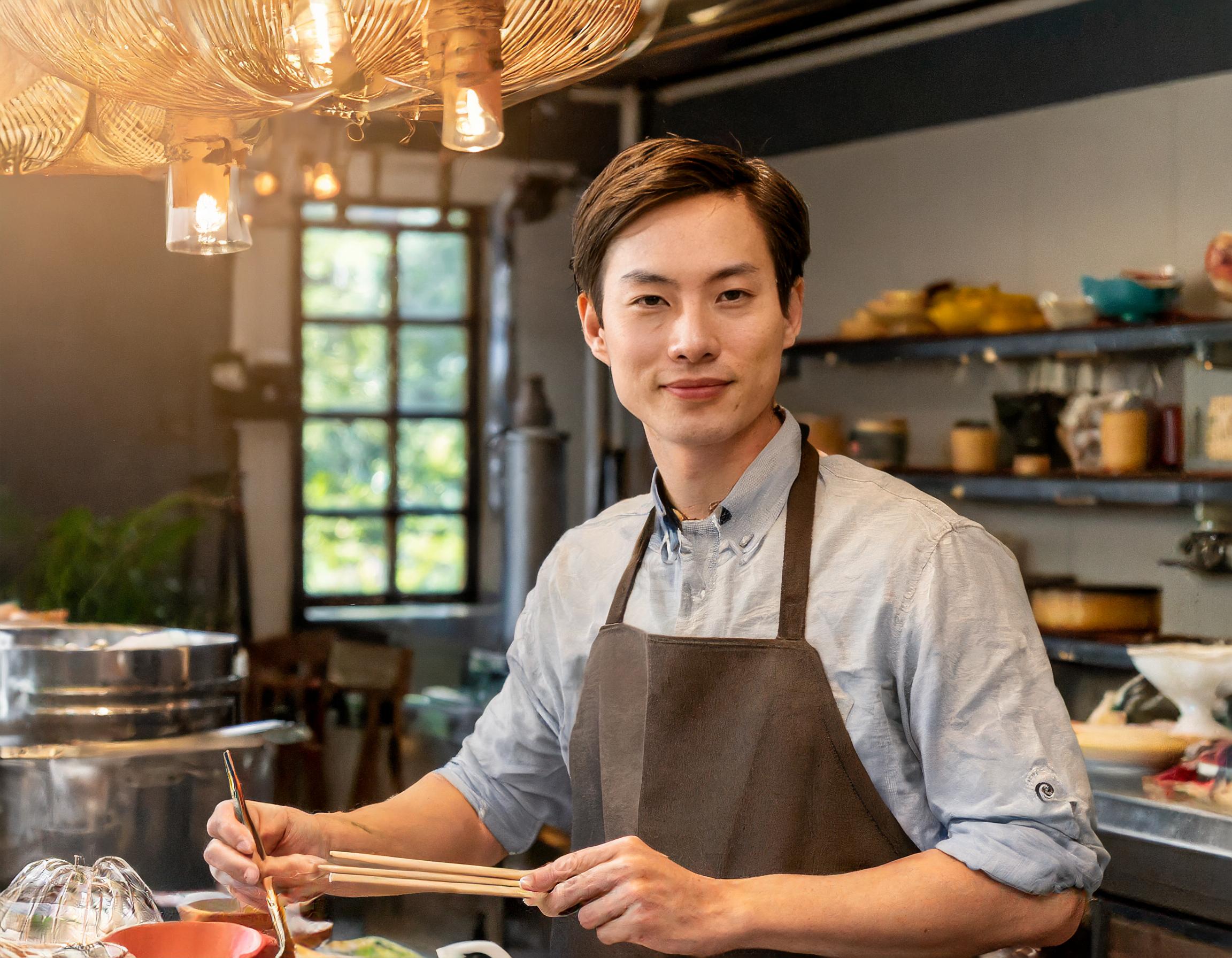 junger Mann mit Kochjacke, der in einer Küche kreative Speisen zubereitet