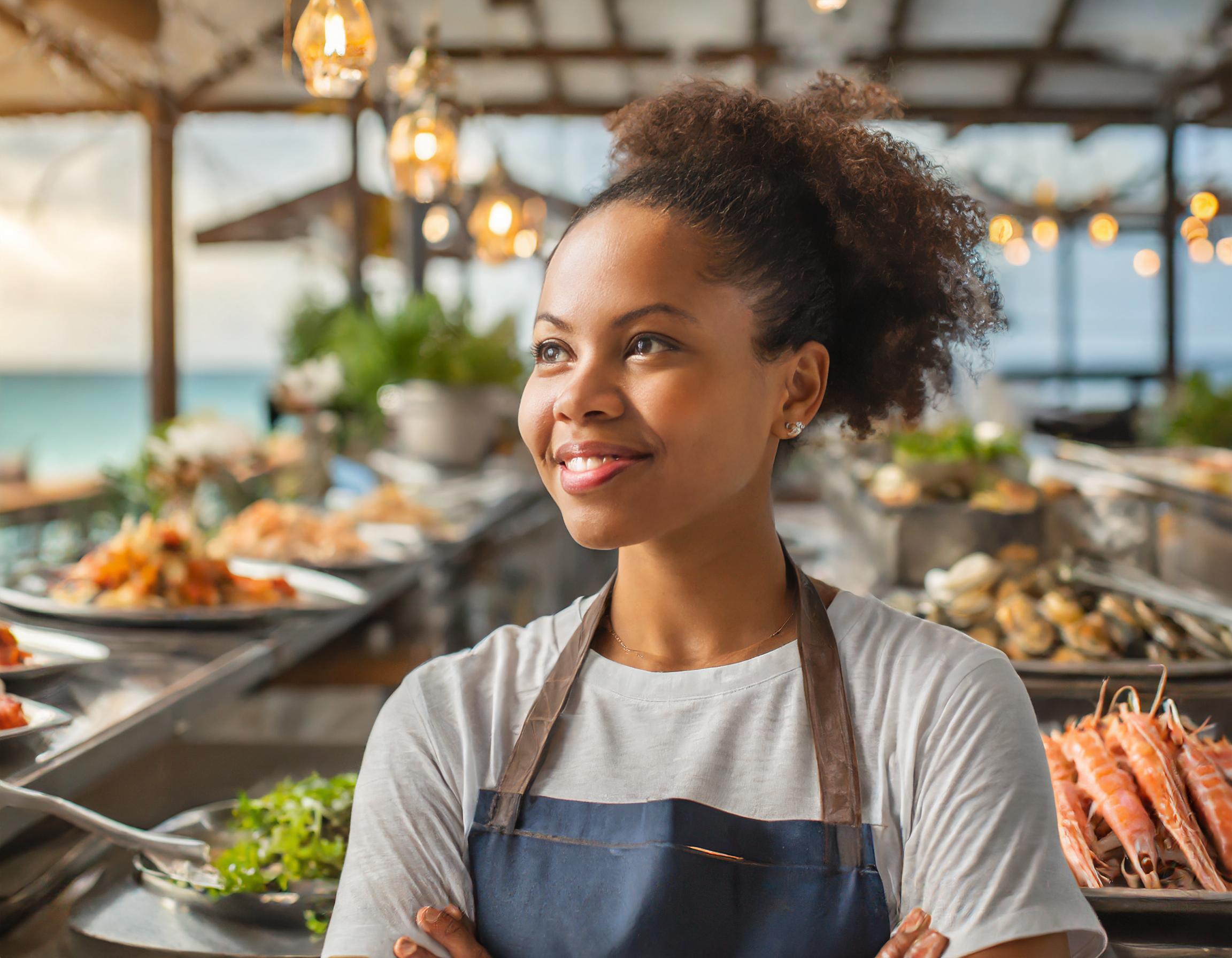 junge Frau in einem Imbiss-Umfeld, die freundlich Kunden bedient